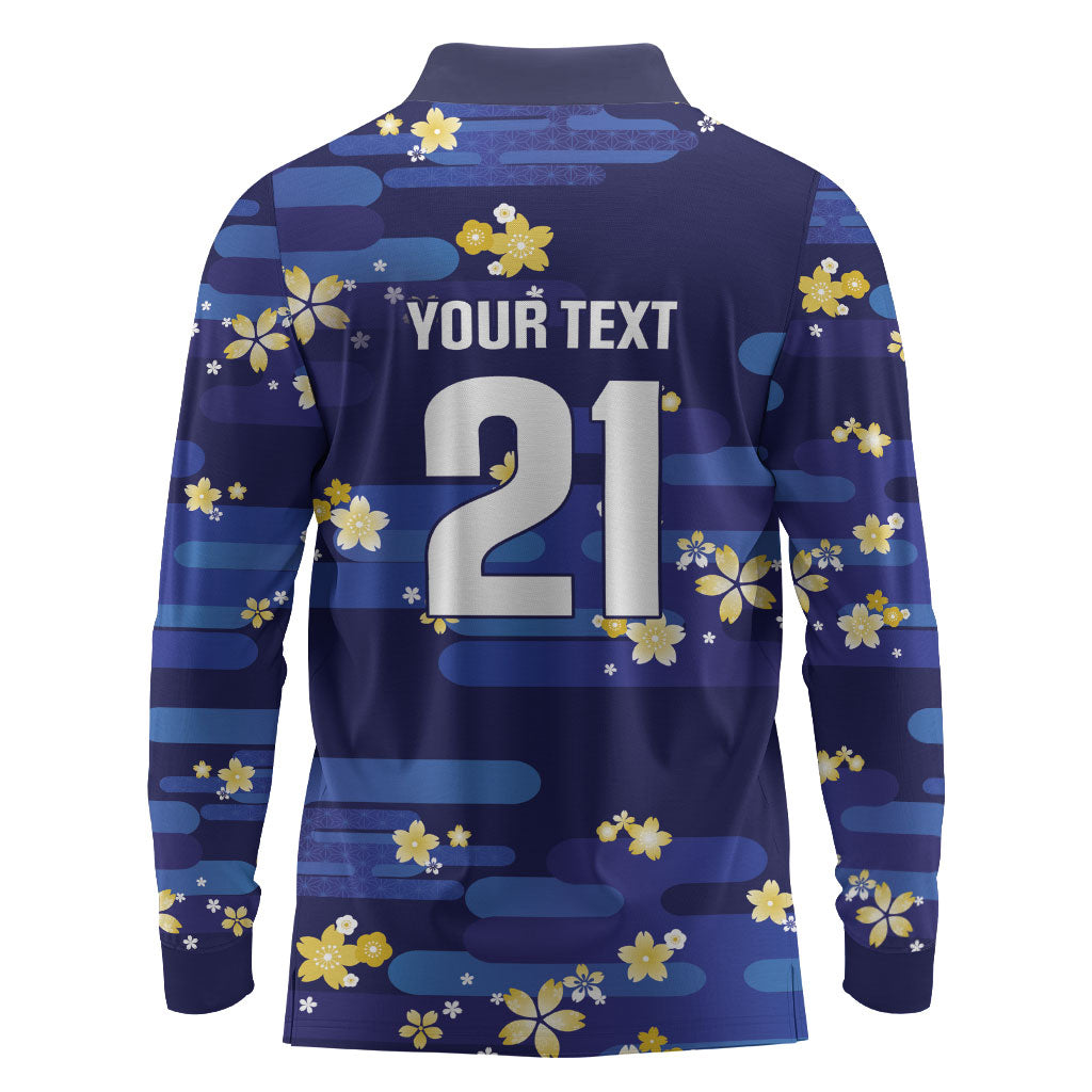 2026 Autumn Rugby Nations Japan Custom Long Sleeve Polo Shirt Blue Sakura Japanese Asanoha Seigaiha