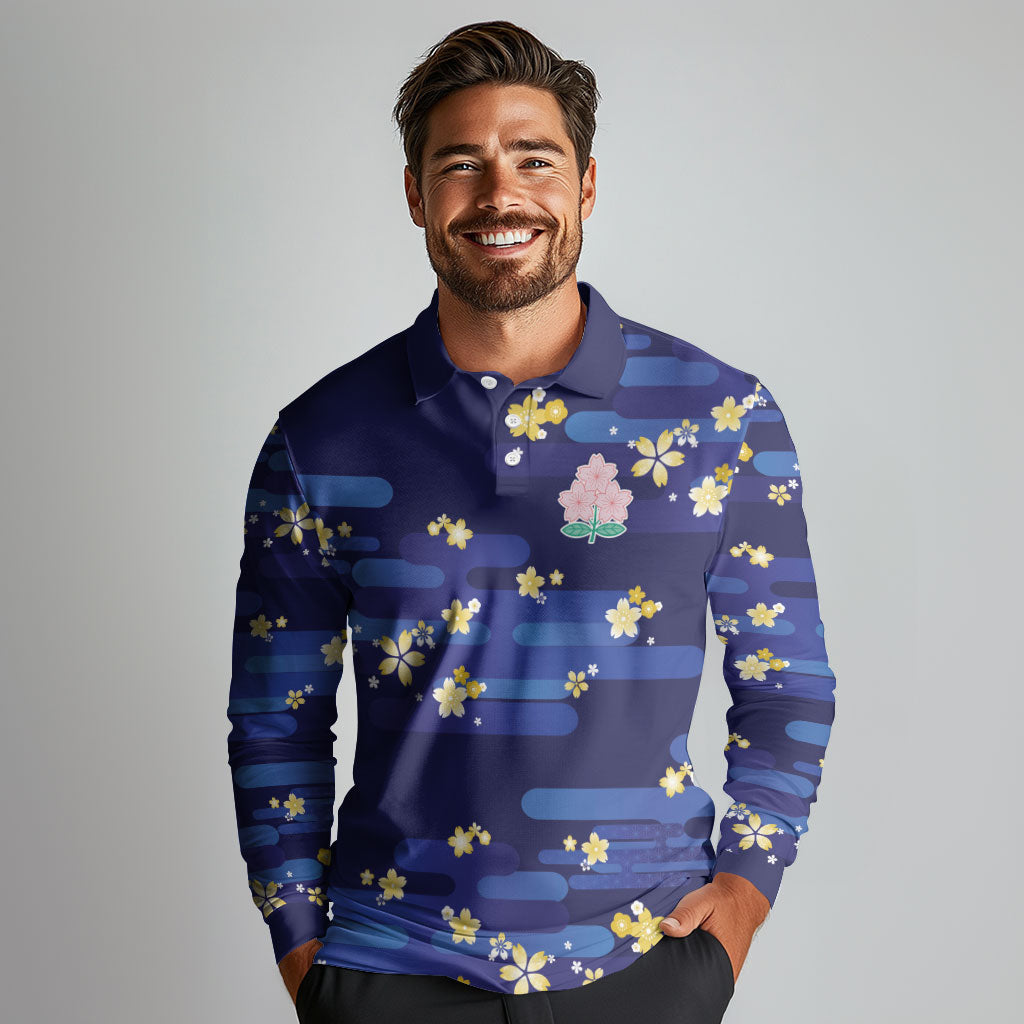 2026 Autumn Rugby Nations Japan Custom Long Sleeve Polo Shirt Blue Sakura Japanese Asanoha Seigaiha