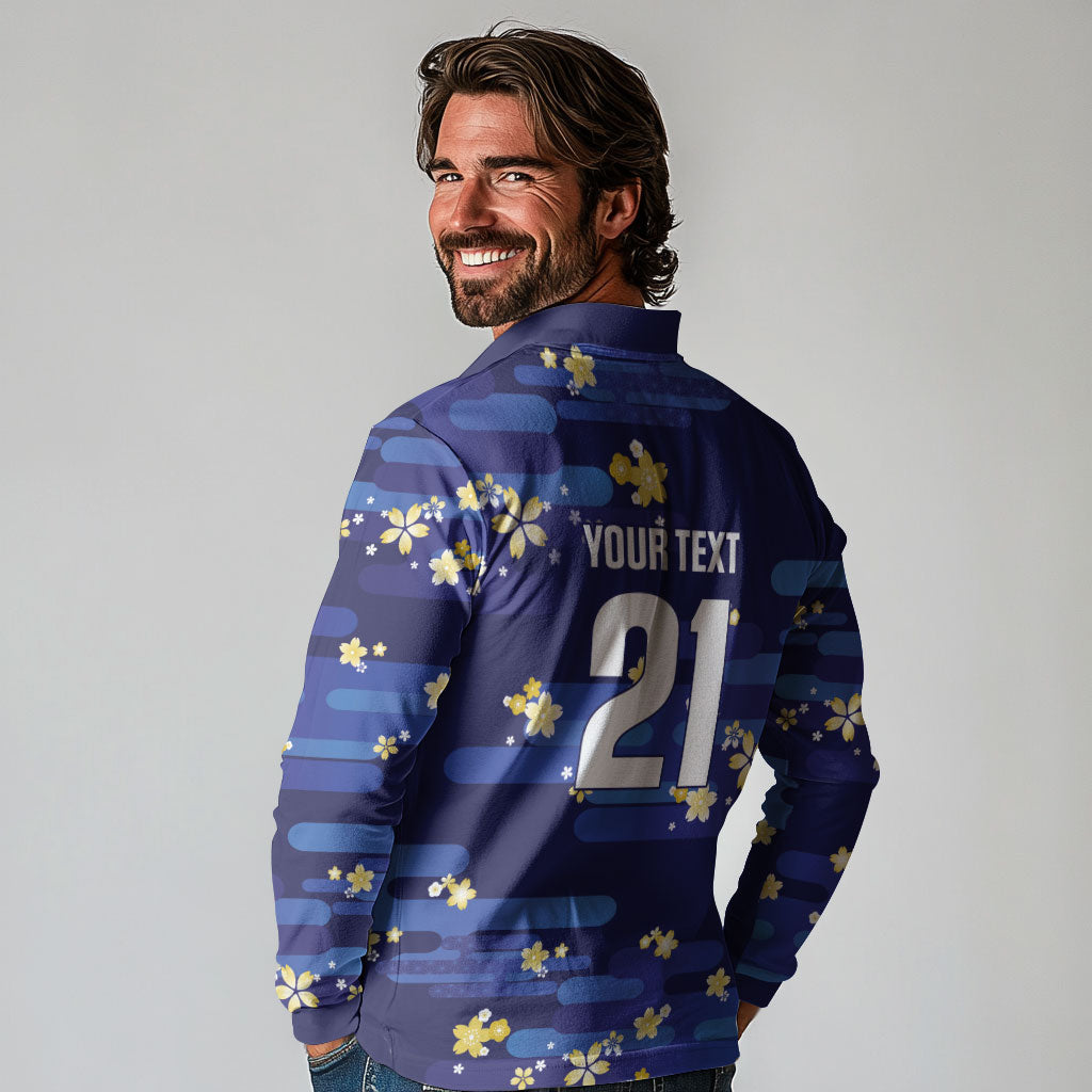 2026 Autumn Rugby Nations Japan Custom Long Sleeve Polo Shirt Blue Sakura Japanese Asanoha Seigaiha