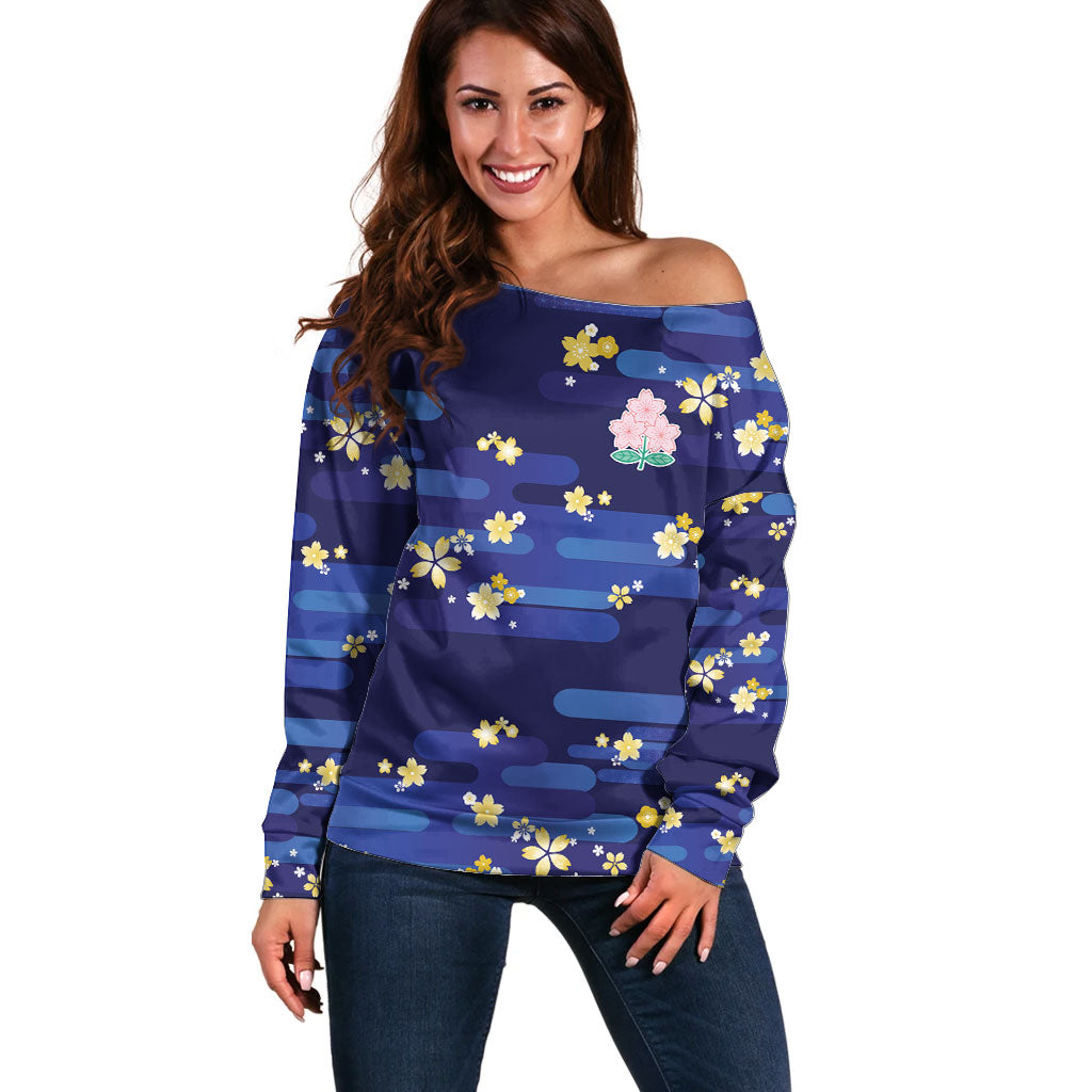 2026 Autumn Rugby Nations Japan Custom Off Shoulder Sweater Blue Sakura Japanese Asanoha Seigaiha