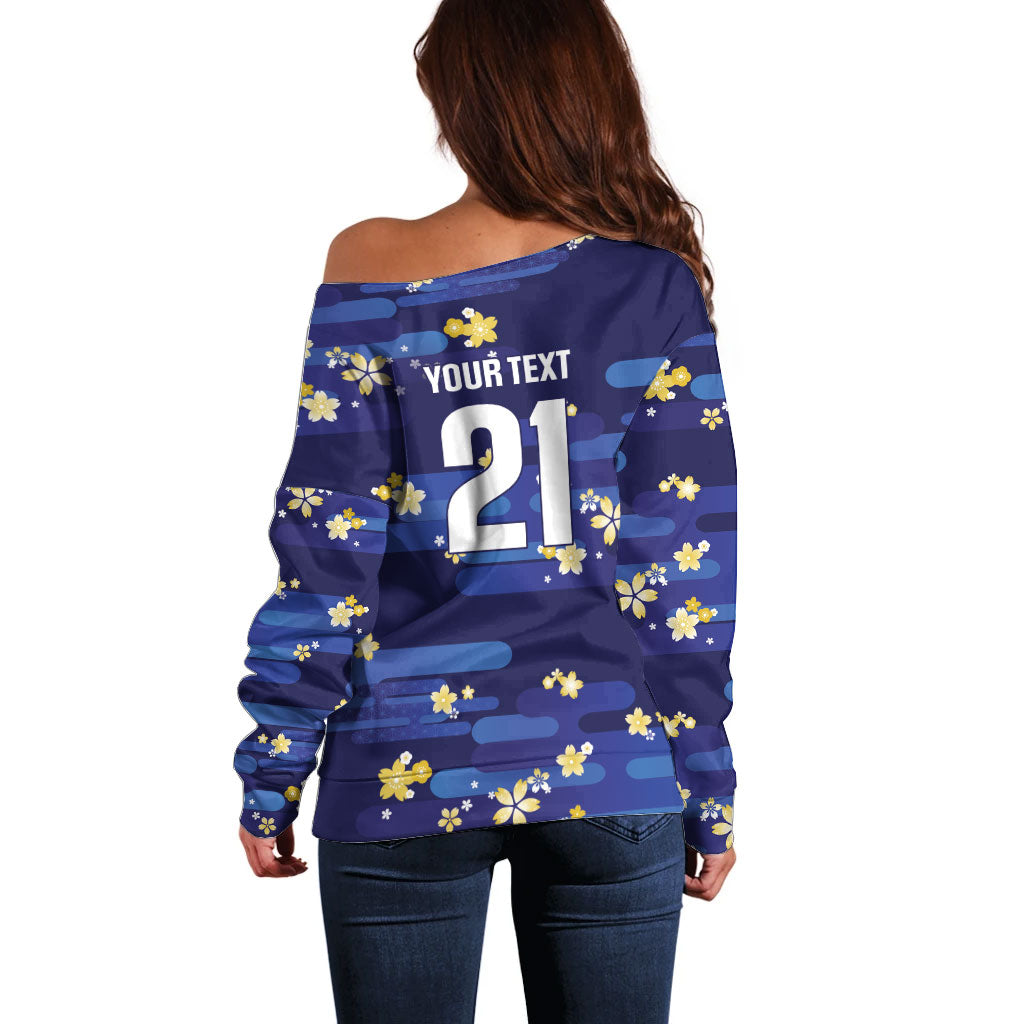 2026 Autumn Rugby Nations Japan Custom Off Shoulder Sweater Blue Sakura Japanese Asanoha Seigaiha