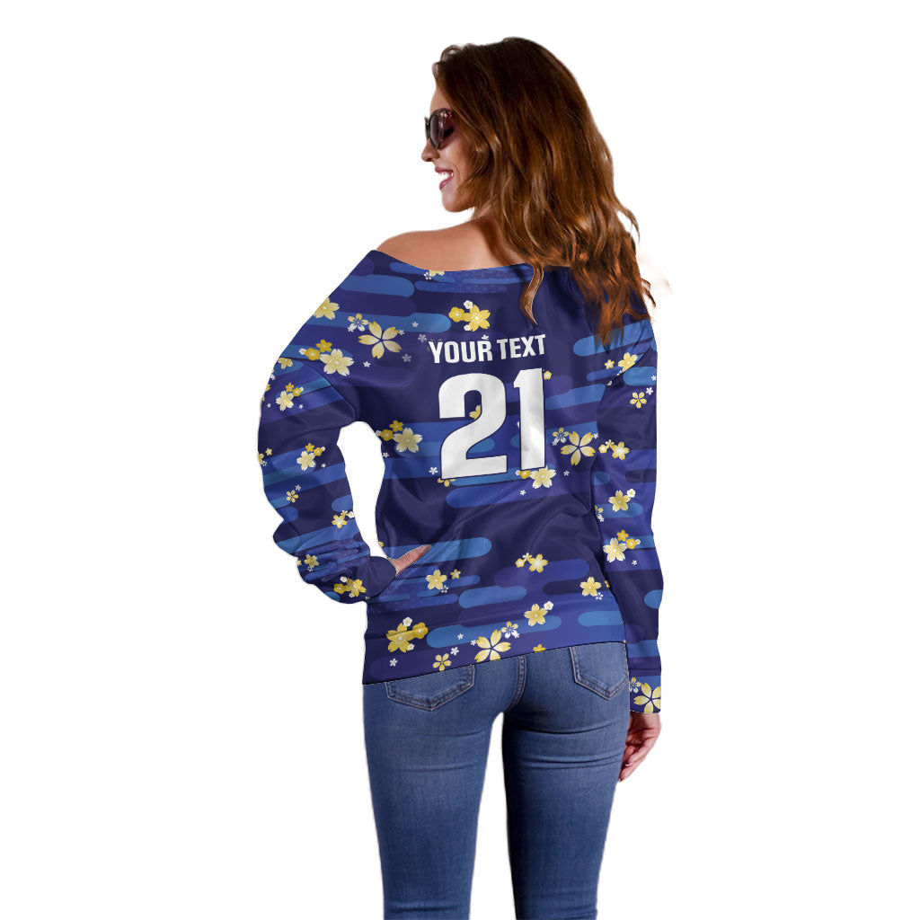 2026 Autumn Rugby Nations Japan Custom Off Shoulder Sweater Blue Sakura Japanese Asanoha Seigaiha