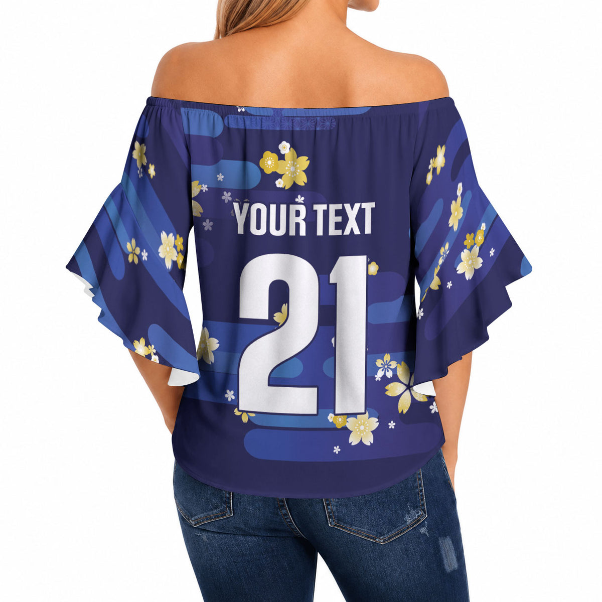 2026 Autumn Rugby Nations Japan Custom Off Shoulder Wrap Waist Top Blue Sakura Japanese Asanoha Seigaiha