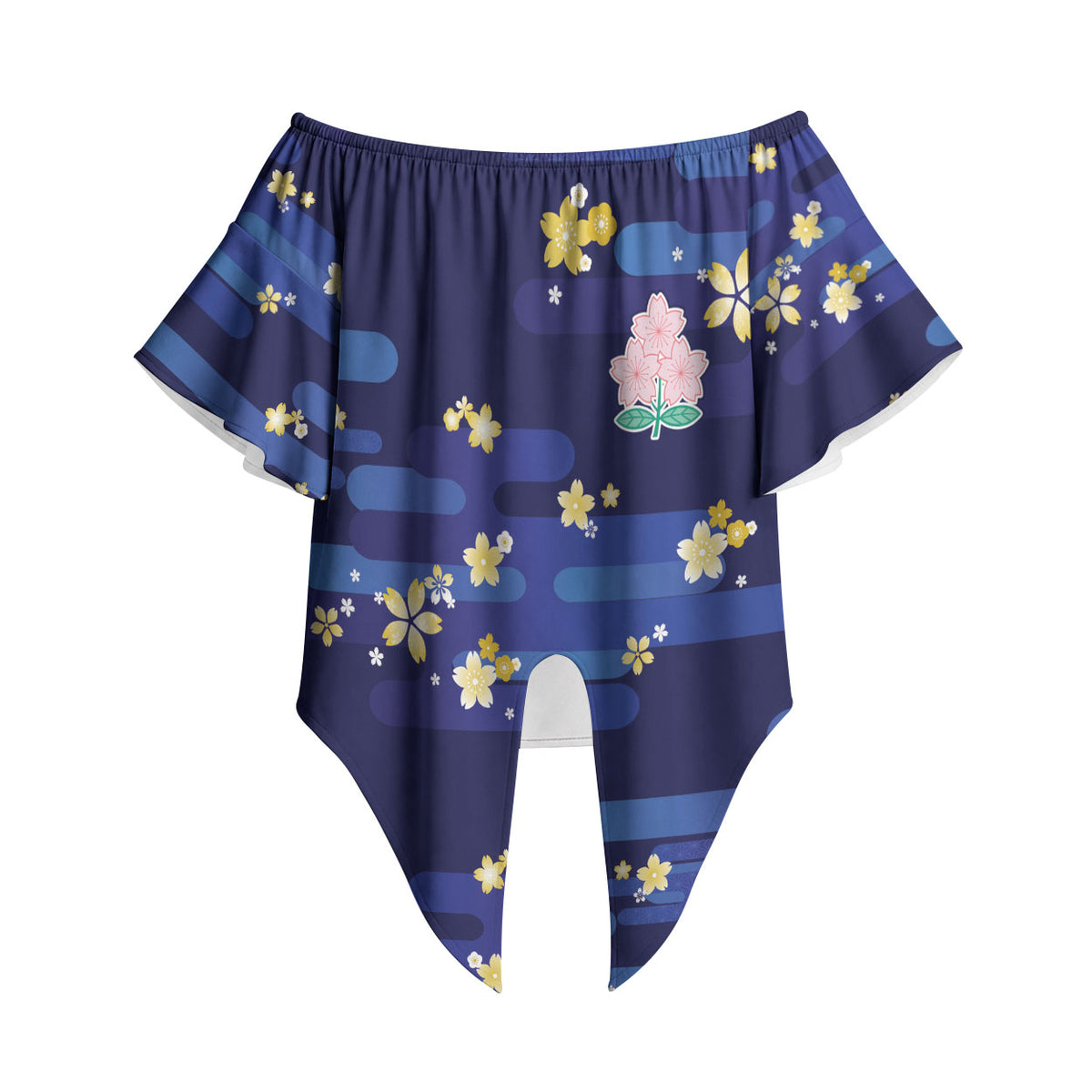 2026 Autumn Rugby Nations Japan Custom Off Shoulder Wrap Waist Top Blue Sakura Japanese Asanoha Seigaiha