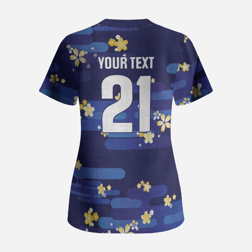 2026 Autumn Rugby Nations Japan Custom Scrub Top Blue Sakura Japanese Asanoha Seigaiha