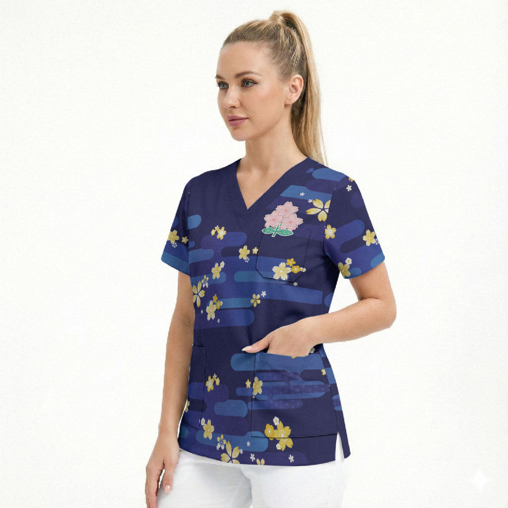 2026 Autumn Rugby Nations Japan Custom Scrub Top Blue Sakura Japanese Asanoha Seigaiha