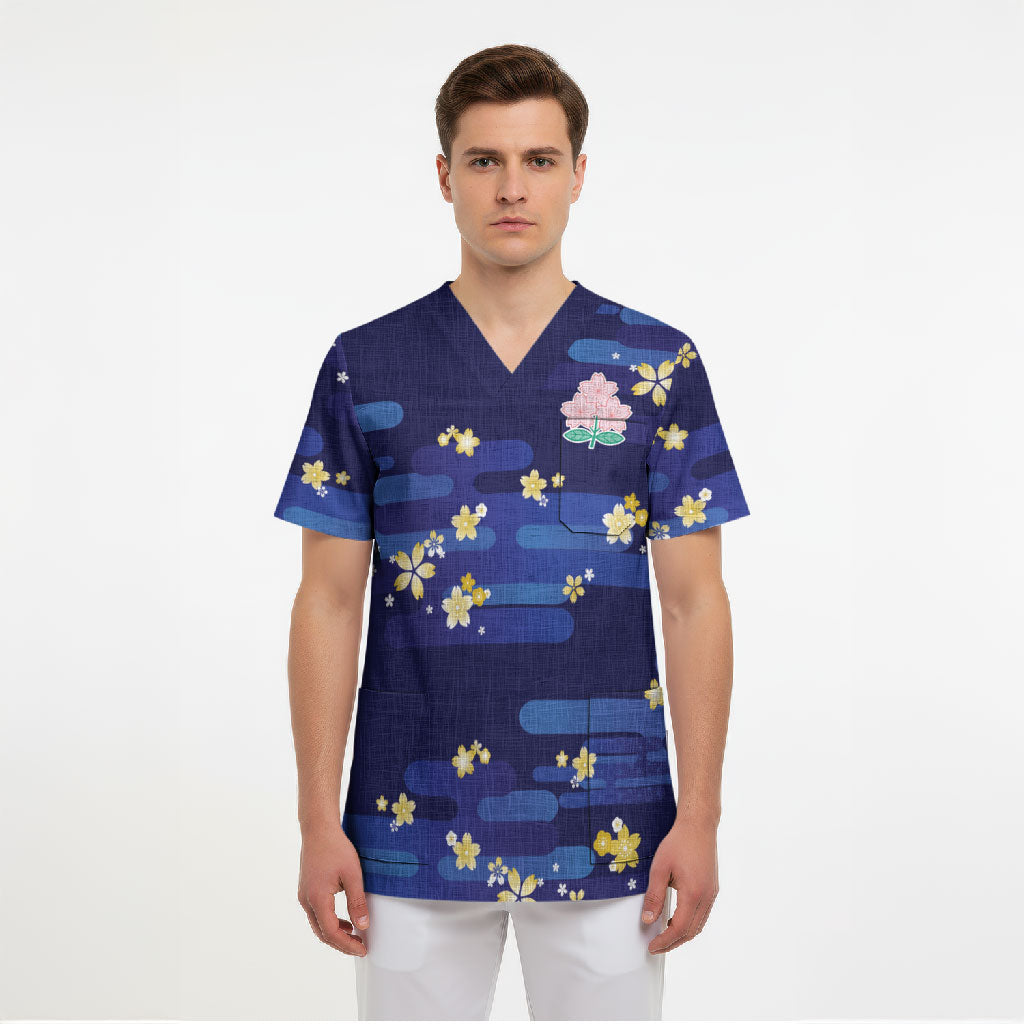 2026 Autumn Rugby Nations Japan Custom Scrub Top Blue Sakura Japanese Asanoha Seigaiha