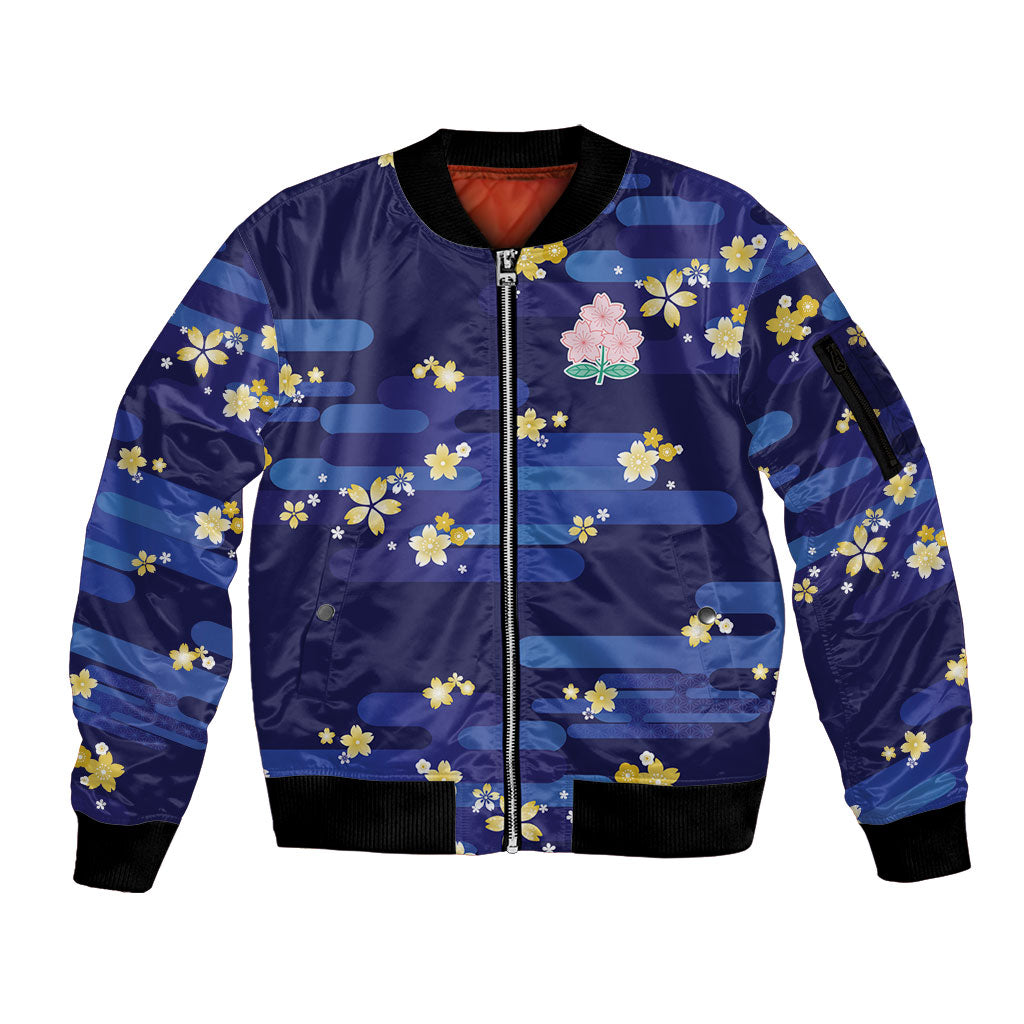 2026 Autumn Rugby Nations Japan Custom Sleeve Zip Bomber Jacket Blue Sakura Japanese Asanoha Seigaiha