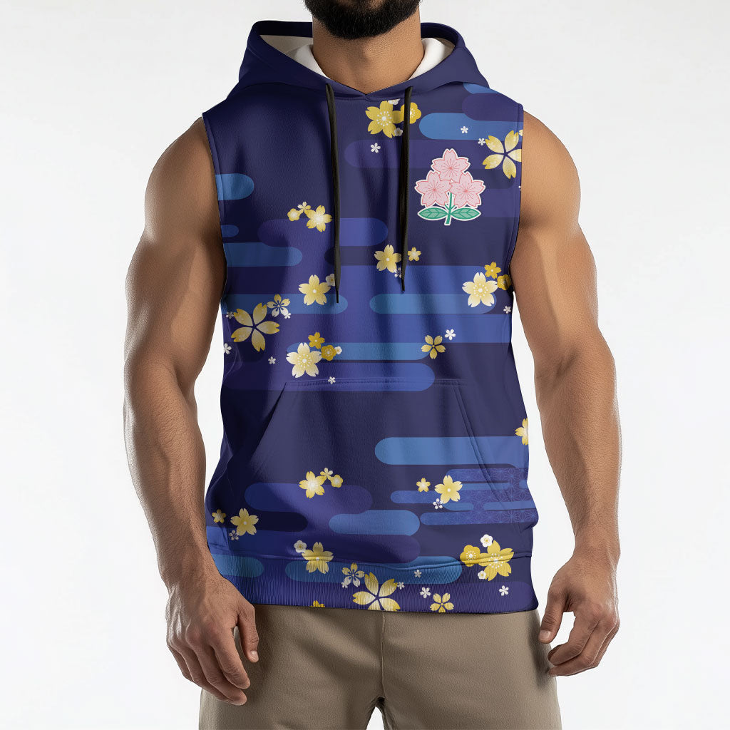 2026 Autumn Rugby Nations Japan Custom Sleeveless Hoodie Blue Sakura Japanese Asanoha Seigaiha