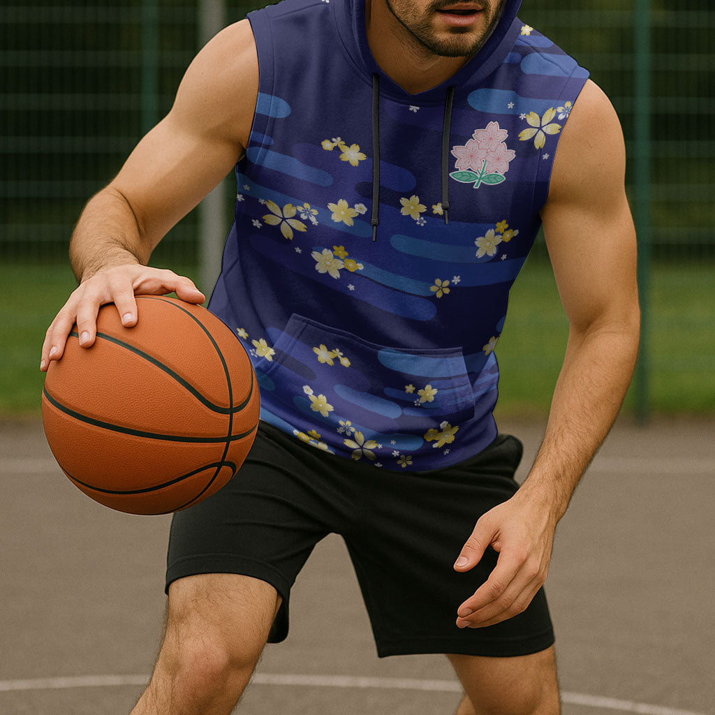 2026 Autumn Rugby Nations Japan Custom Sleeveless Hoodie Blue Sakura Japanese Asanoha Seigaiha