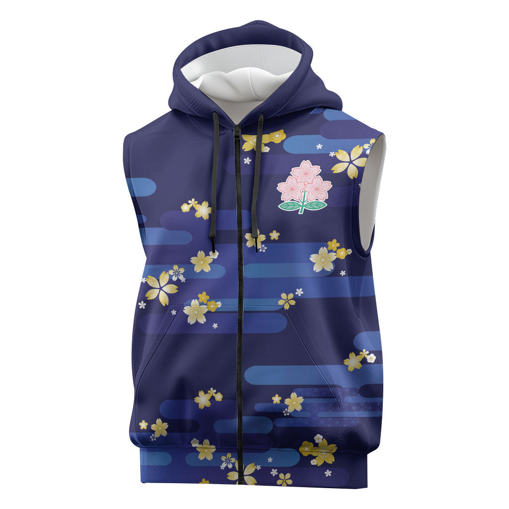 2026 Autumn Rugby Nations Japan Custom Sleeveless Zip Hoodie Blue Sakura Japanese Asanoha Seigaiha