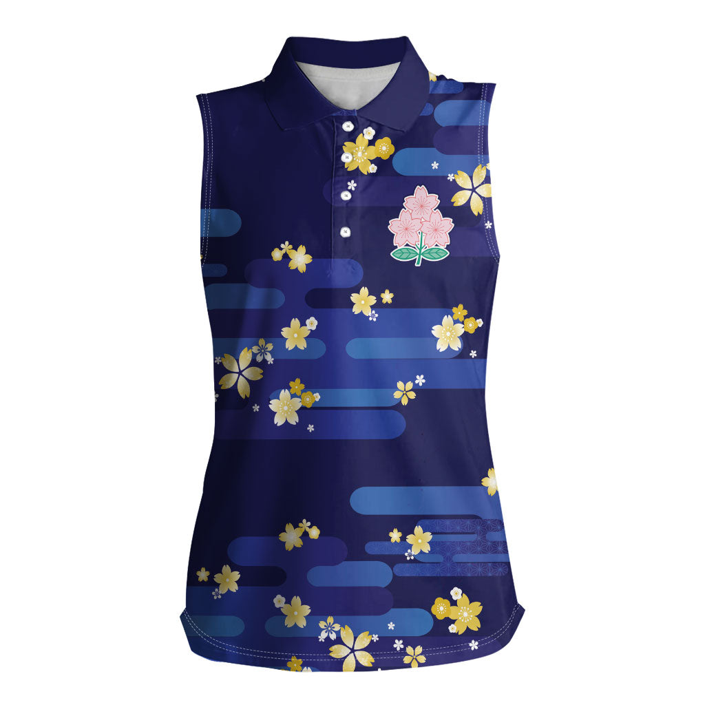 2026 Autumn Rugby Nations Japan Custom Women Sleeveless Polo Shirt Blue Sakura Japanese Asanoha Seigaiha