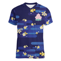 2026 Autumn Rugby Nations Japan Custom Women V-Neck T-Shirt Blue Sakura Japanese Asanoha Seigaiha