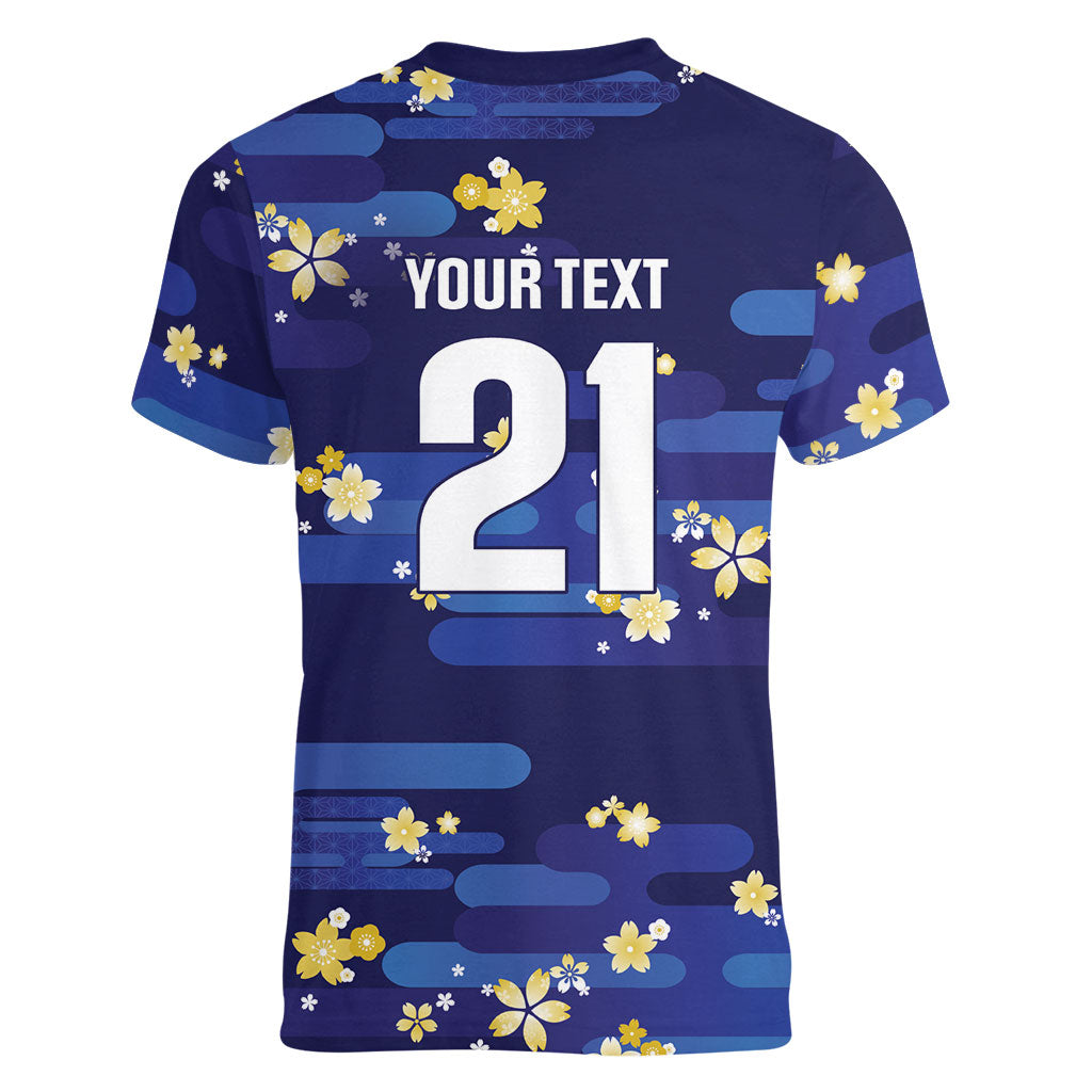 2026 Autumn Rugby Nations Japan Custom Women V-Neck T-Shirt Blue Sakura Japanese Asanoha Seigaiha