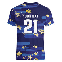 2026 Autumn Rugby Nations Japan Custom Women V-Neck T-Shirt Blue Sakura Japanese Asanoha Seigaiha