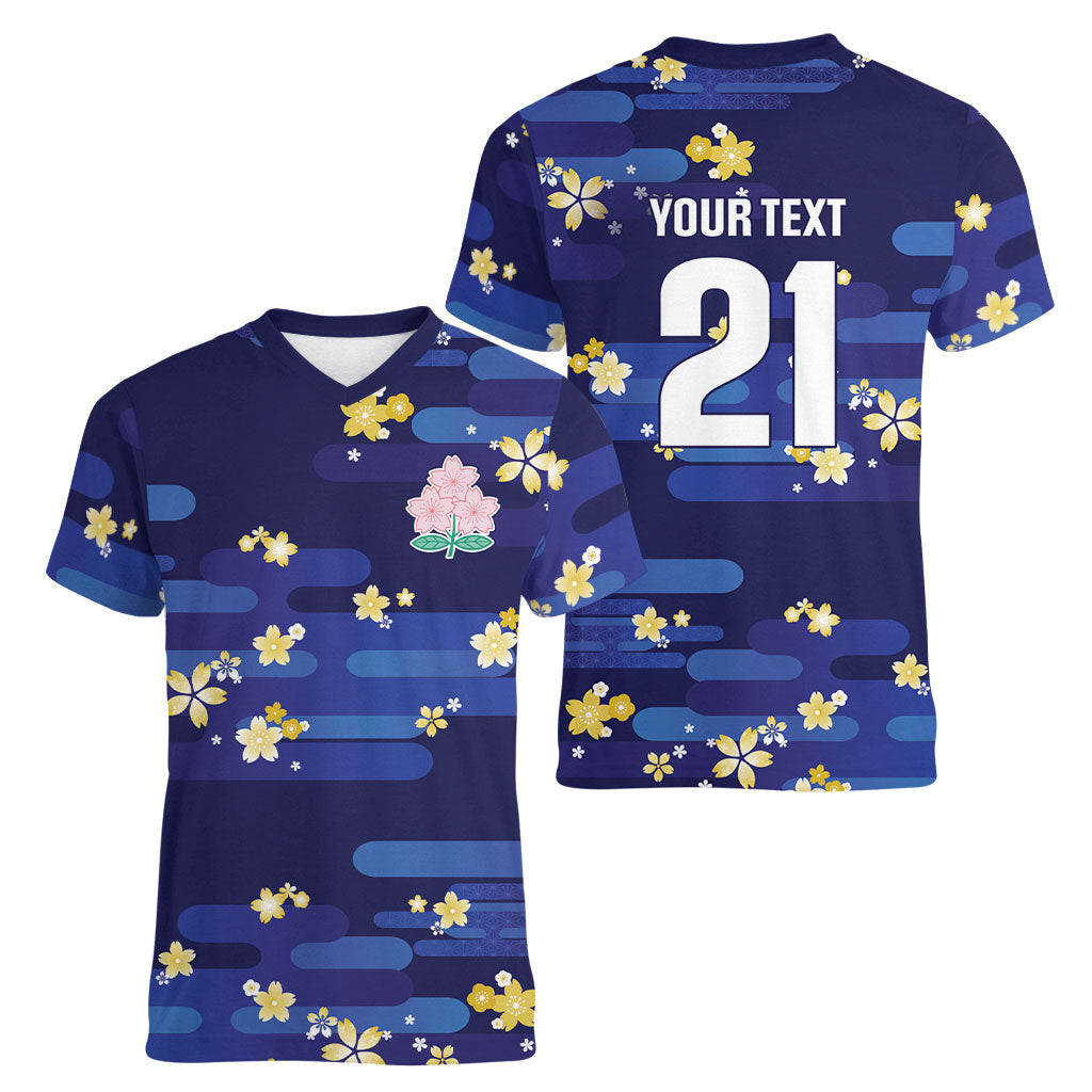 2026 Autumn Rugby Nations Japan Custom Women V-Neck T-Shirt Blue Sakura Japanese Asanoha Seigaiha