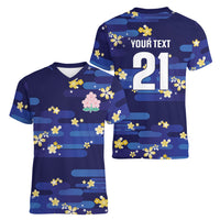 2026 Autumn Rugby Nations Japan Custom Women V-Neck T-Shirt Blue Sakura Japanese Asanoha Seigaiha