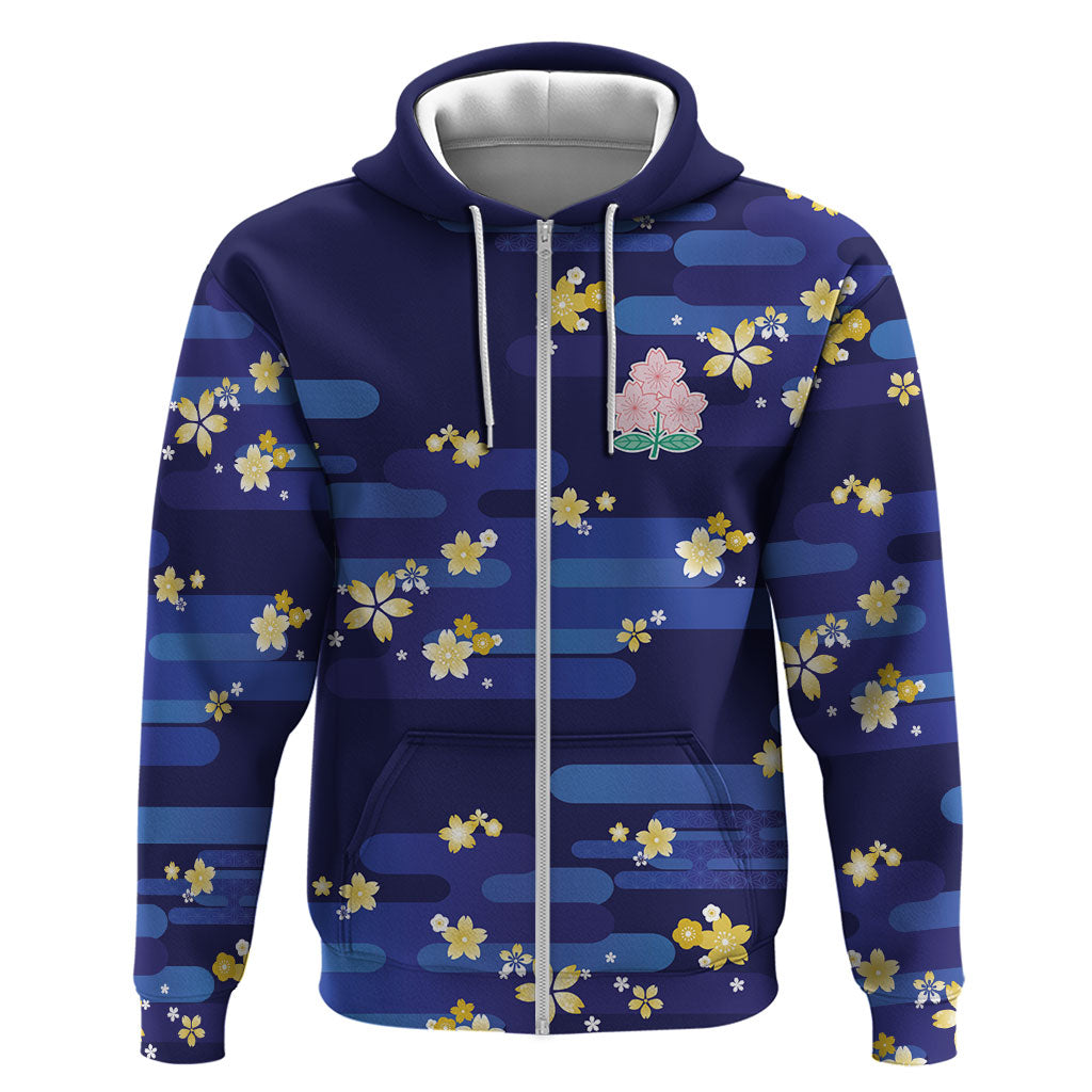 2026 Autumn Rugby Nations Japan Custom Zip Hoodie Blue Sakura Japanese Asanoha Seigaiha