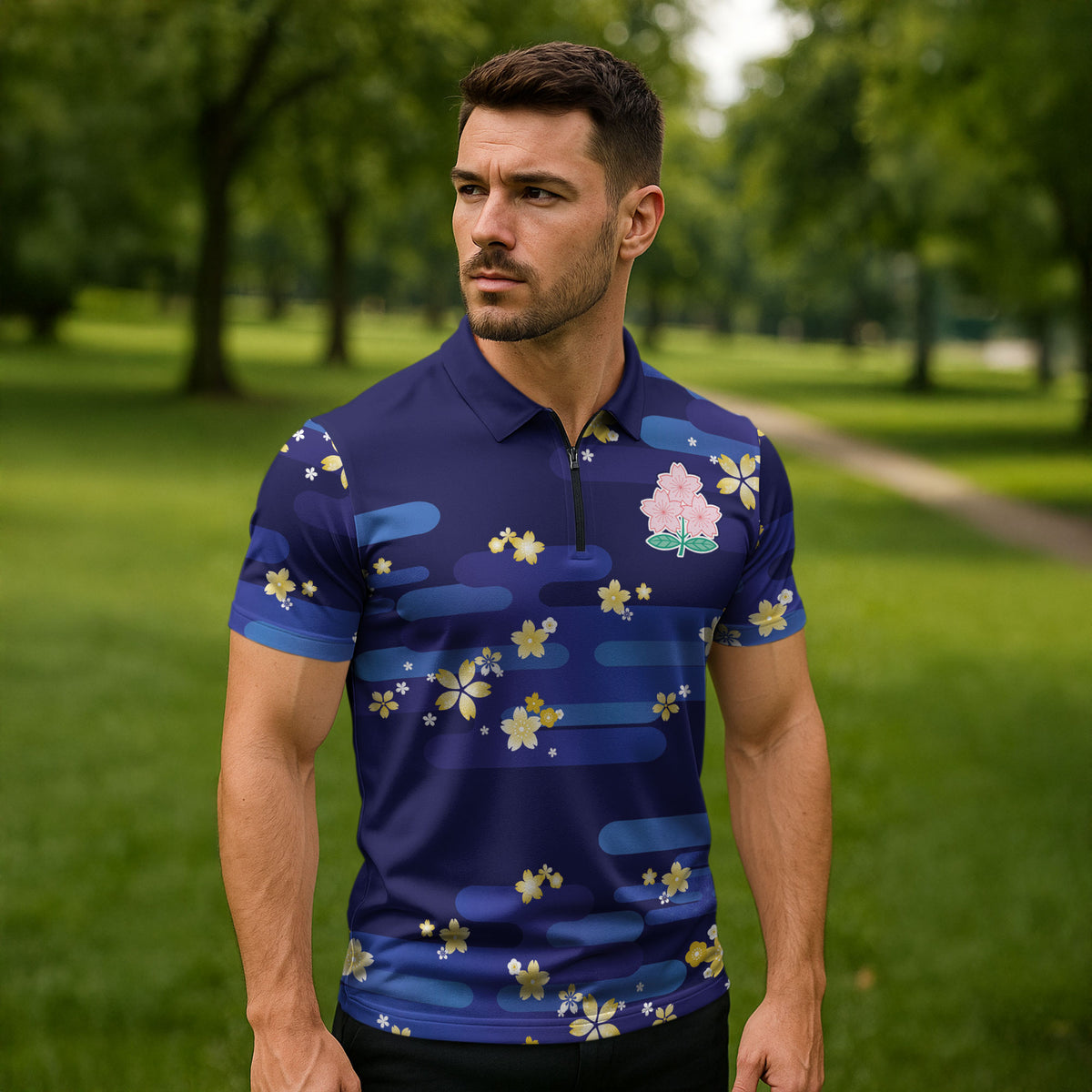 2026 Autumn Rugby Nations Japan Custom Zipper Polo Shirt Blue Sakura Japanese Asanoha Seigaiha
