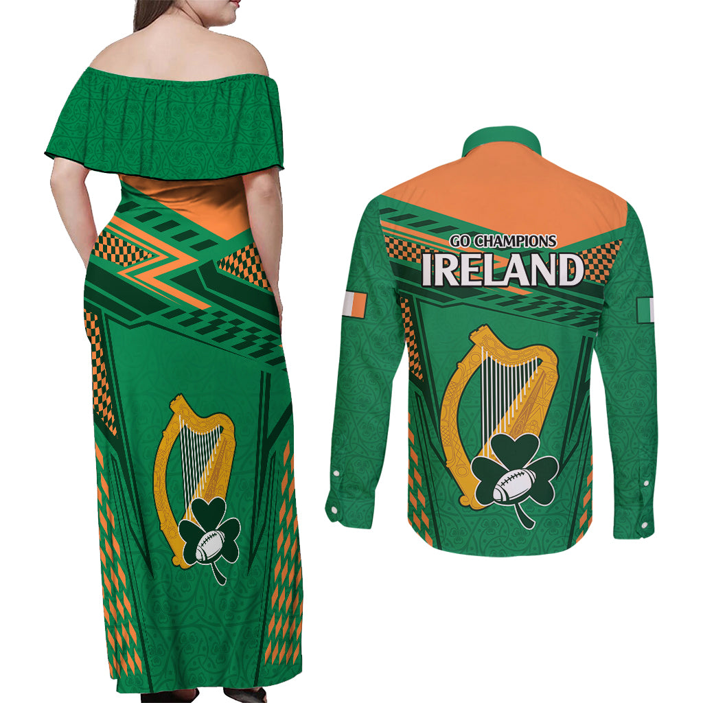 Ireland Rugby Couples Matching Off Shoulder Maxi Dress and Long Sleeve Button Shirts 2023 World Cup Shamrock Sporty Style LT9 - Wonder Print Shop
