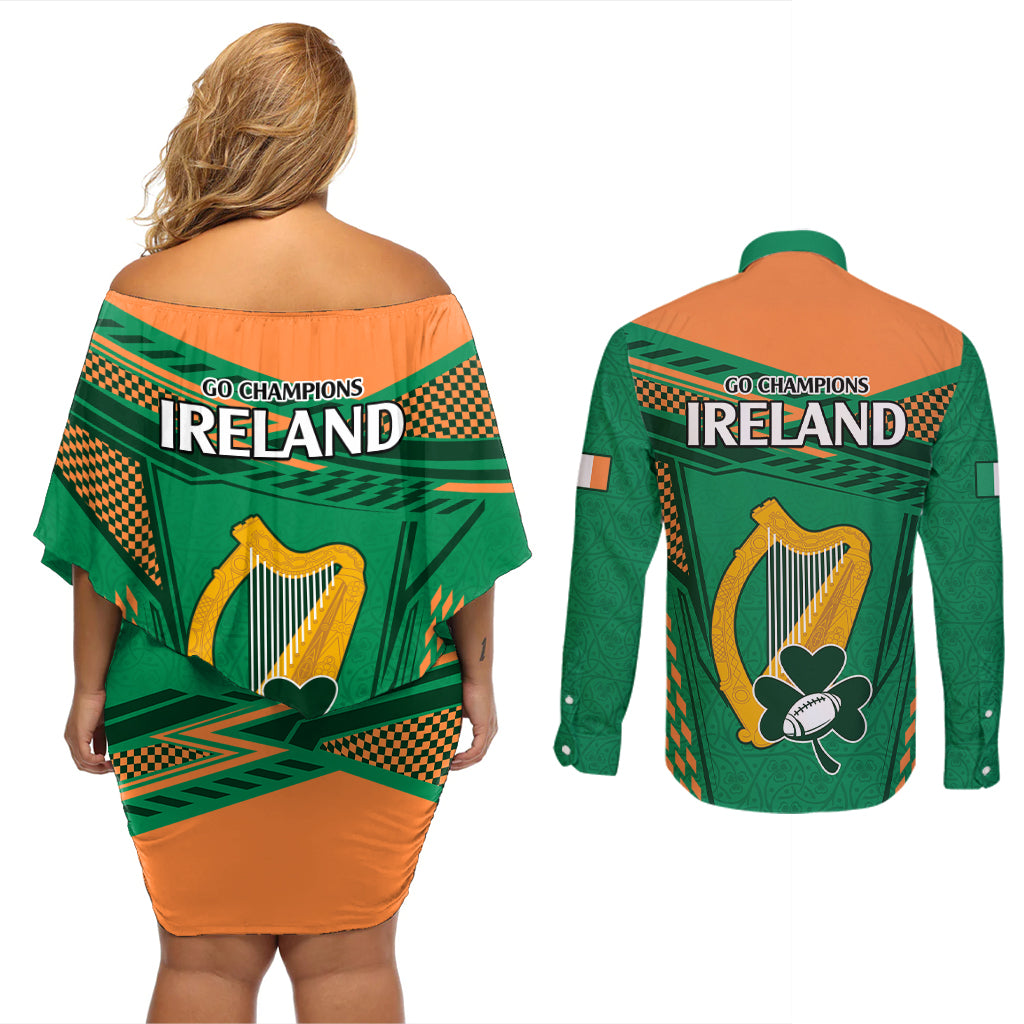 Ireland Rugby Couples Matching Off Shoulder Short Dress and Long Sleeve Button Shirts 2023 World Cup Shamrock Sporty Style LT9 - Wonder Print Shop