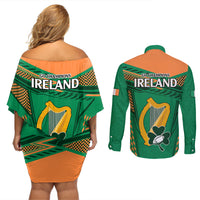 Ireland Rugby Couples Matching Off Shoulder Short Dress and Long Sleeve Button Shirts 2023 World Cup Shamrock Sporty Style LT9 - Wonder Print Shop