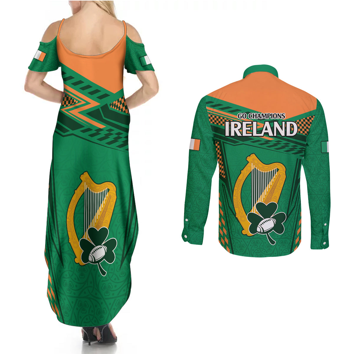 Ireland Rugby Couples Matching Summer Maxi Dress and Long Sleeve Button Shirts 2023 World Cup Shamrock Sporty Style LT9 - Wonder Print Shop
