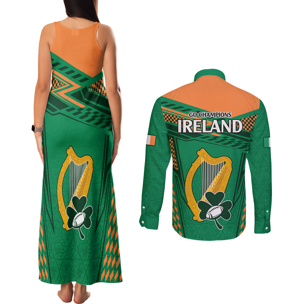 Ireland Rugby Couples Matching Tank Maxi Dress and Long Sleeve Button Shirts 2023 World Cup Shamrock Sporty Style LT9 - Wonder Print Shop