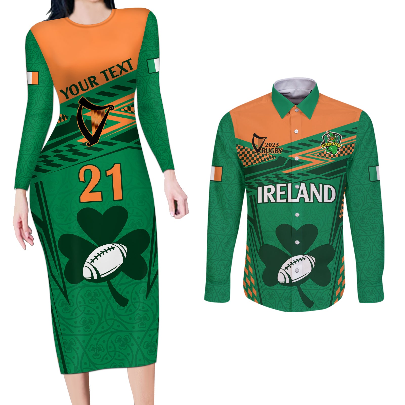 custom-ireland-rugby-couples-matching-long-sleeve-bodycon-dress-and-long-sleeve-button-shirts-2023-world-cup-shamrock-sporty-style