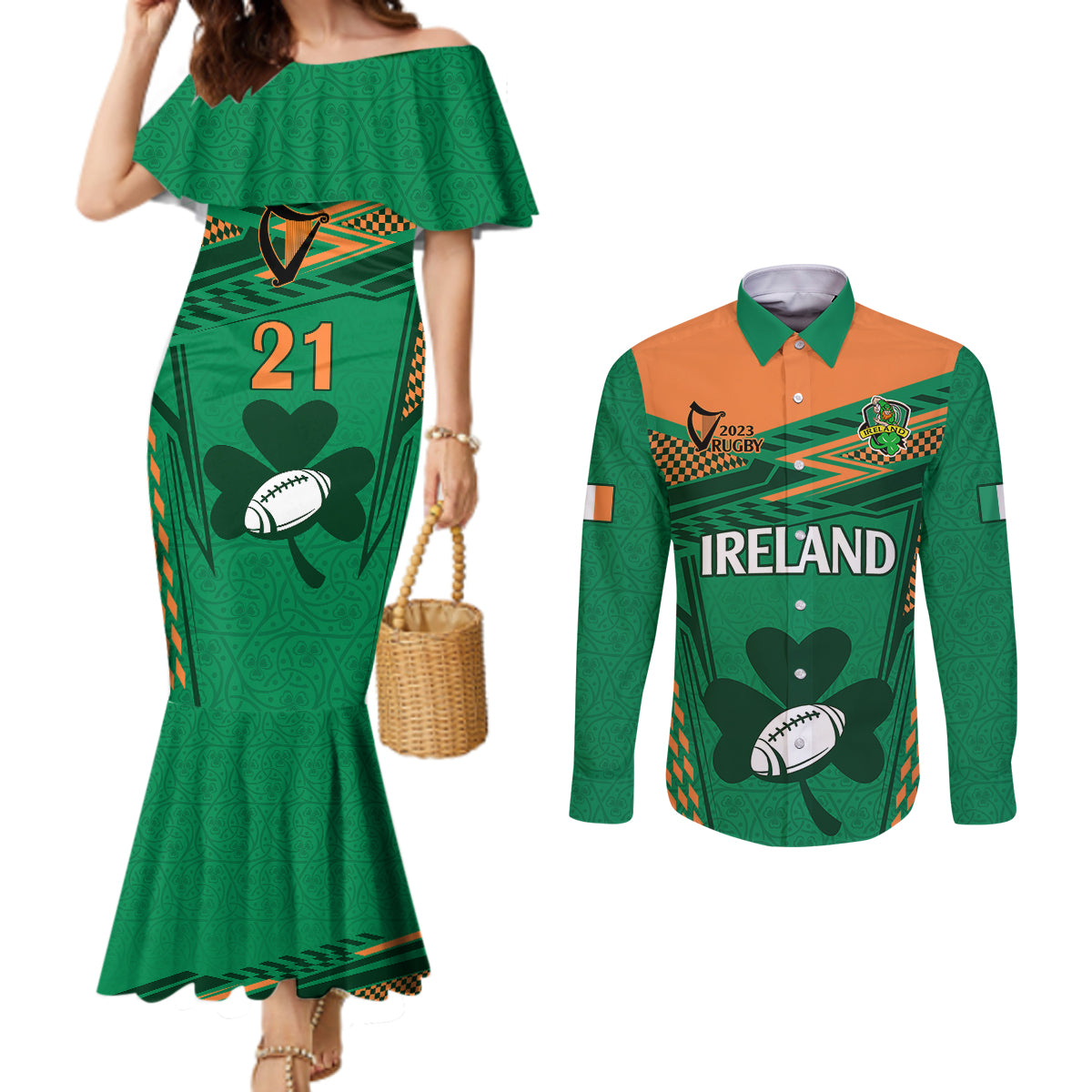 custom-ireland-rugby-couples-matching-mermaid-dress-and-long-sleeve-button-shirts-2023-world-cup-shamrock-sporty-style