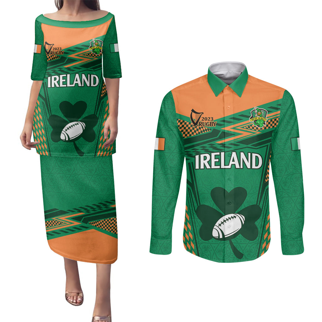 Custom Ireland Rugby Couples Matching Puletasi Dress and Long Sleeve Button Shirts 2023 World Cup Shamrock Sporty Style LT9 - Wonder Print Shop