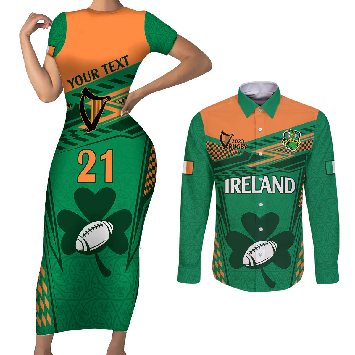 Custom Ireland Rugby Couples Matching Short Sleeve Bodycon Dress and Long Sleeve Button Shirts 2023 World Cup Shamrock Sporty Style LT9 - Wonder Print Shop