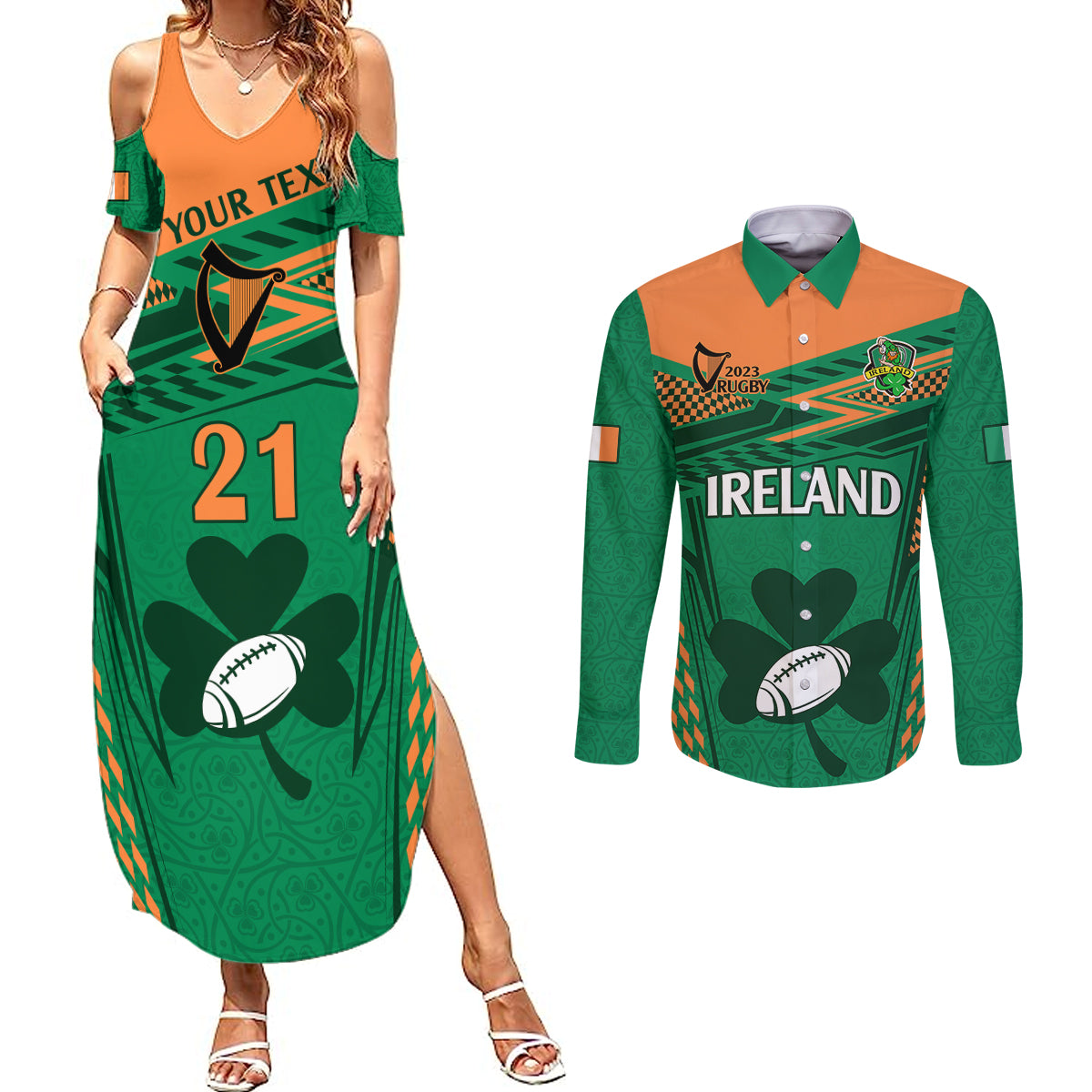 custom-ireland-rugby-couples-matching-summer-maxi-dress-and-long-sleeve-button-shirts-2023-world-cup-shamrock-sporty-style