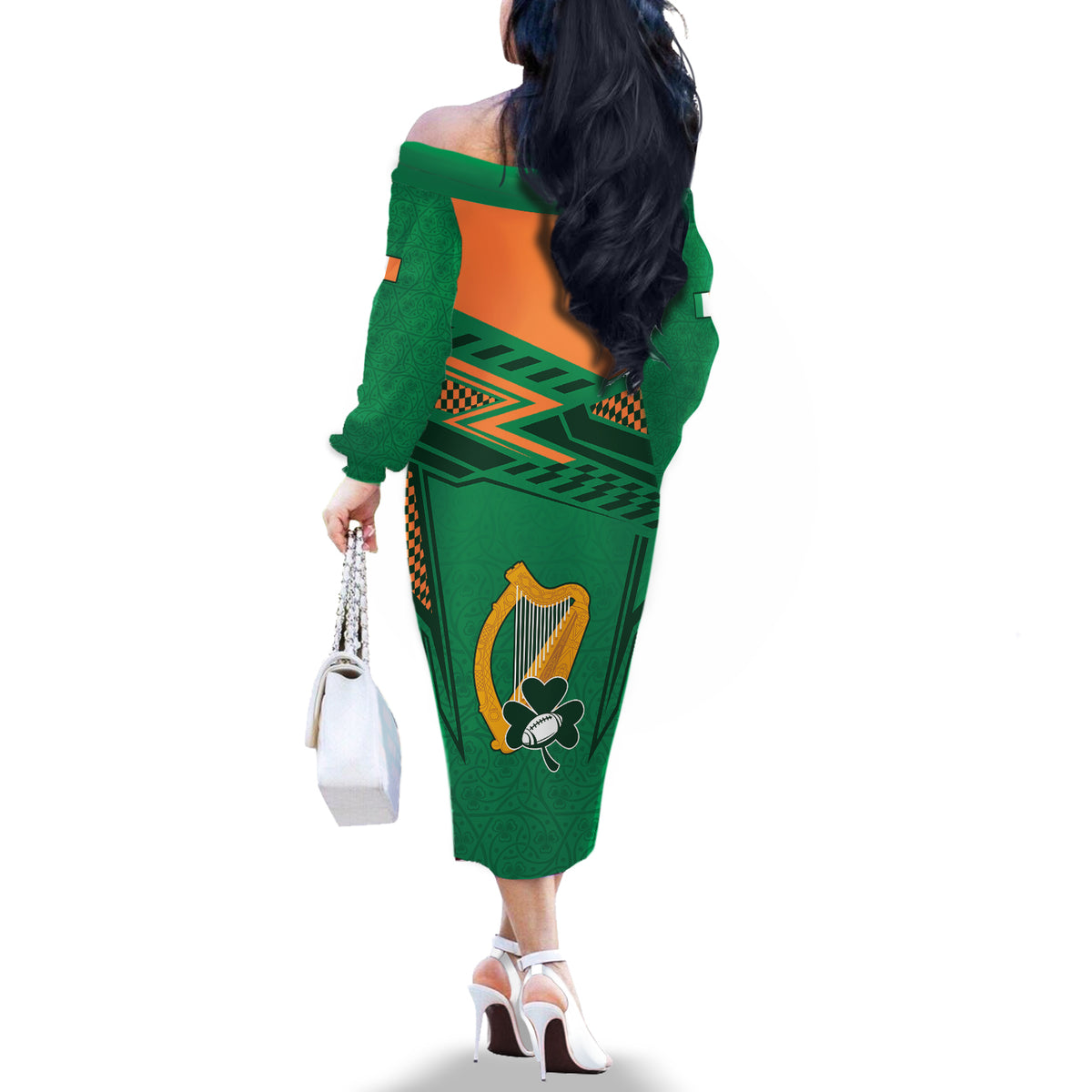 Custom Ireland Rugby Off The Shoulder Long Sleeve Dress 2023 World Cup Shamrock Sporty Style - Wonder Print Shop