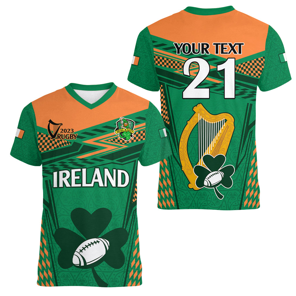 Custom Ireland Rugby Women V Neck T Shirt 2023 World Cup Shamrock Sporty Style - Wonder Print Shop