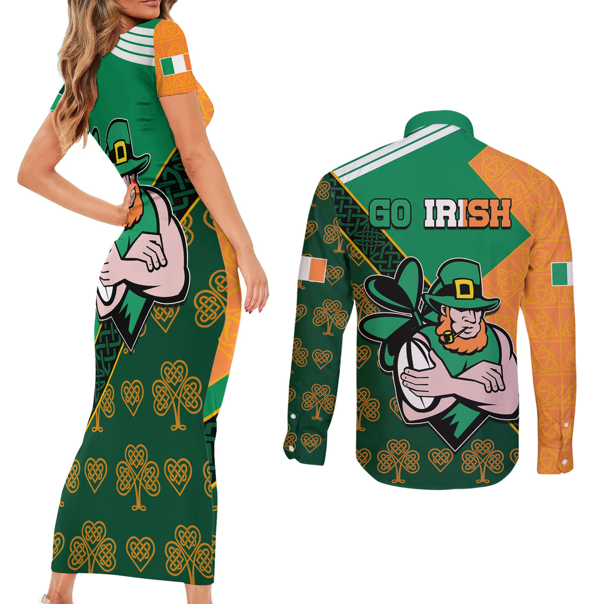 Ireland Rugby Couples Matching Short Sleeve Bodycon Dress and Long Sleeve Button Shirts Go Irish Shamrock World Cup LT9 - Wonder Print Shop