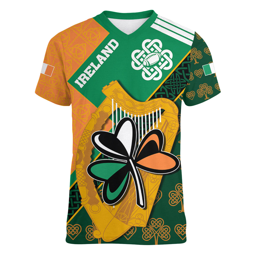Custom Ireland Rugby Women V Neck T Shirt Go Irish Shamrock World Cup - Wonder Print Shop