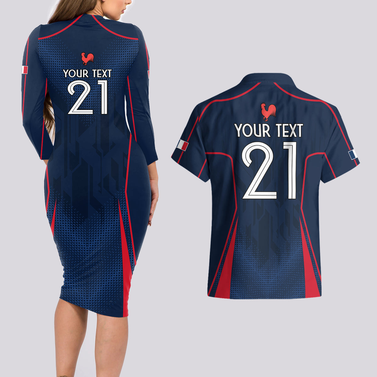 Custom France Rugby Couples Matching Long Sleeve Bodycon Dress and Hawaiian Shirt Allez Les Bleus Go World Cup 2023 LT9 - Wonder Print Shop