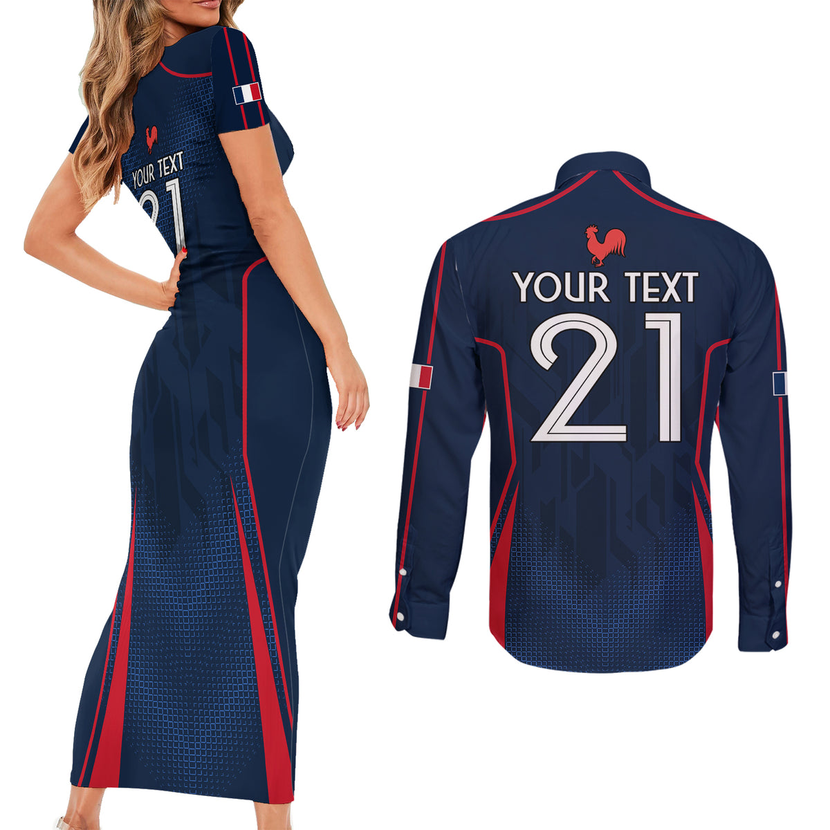 Custom France Rugby Couples Matching Short Sleeve Bodycon Dress and Long Sleeve Button Shirts Allez Les Bleus Go World Cup 2023 LT9 - Wonder Print Shop