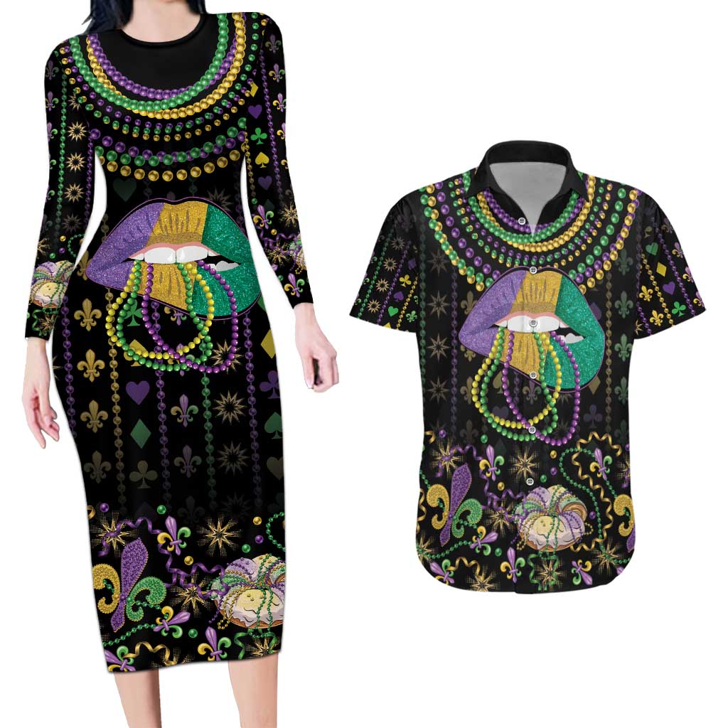 Mardi Gras Lips Queen Beads Couples Matching Long Sleeve Bodycon Dress and Hawaiian Shirt