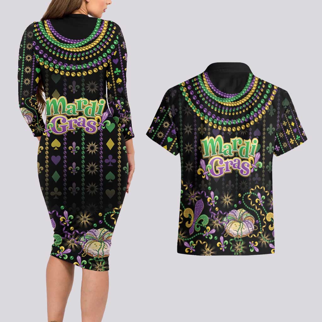 Mardi Gras Lips Queen Beads Couples Matching Long Sleeve Bodycon Dress and Hawaiian Shirt