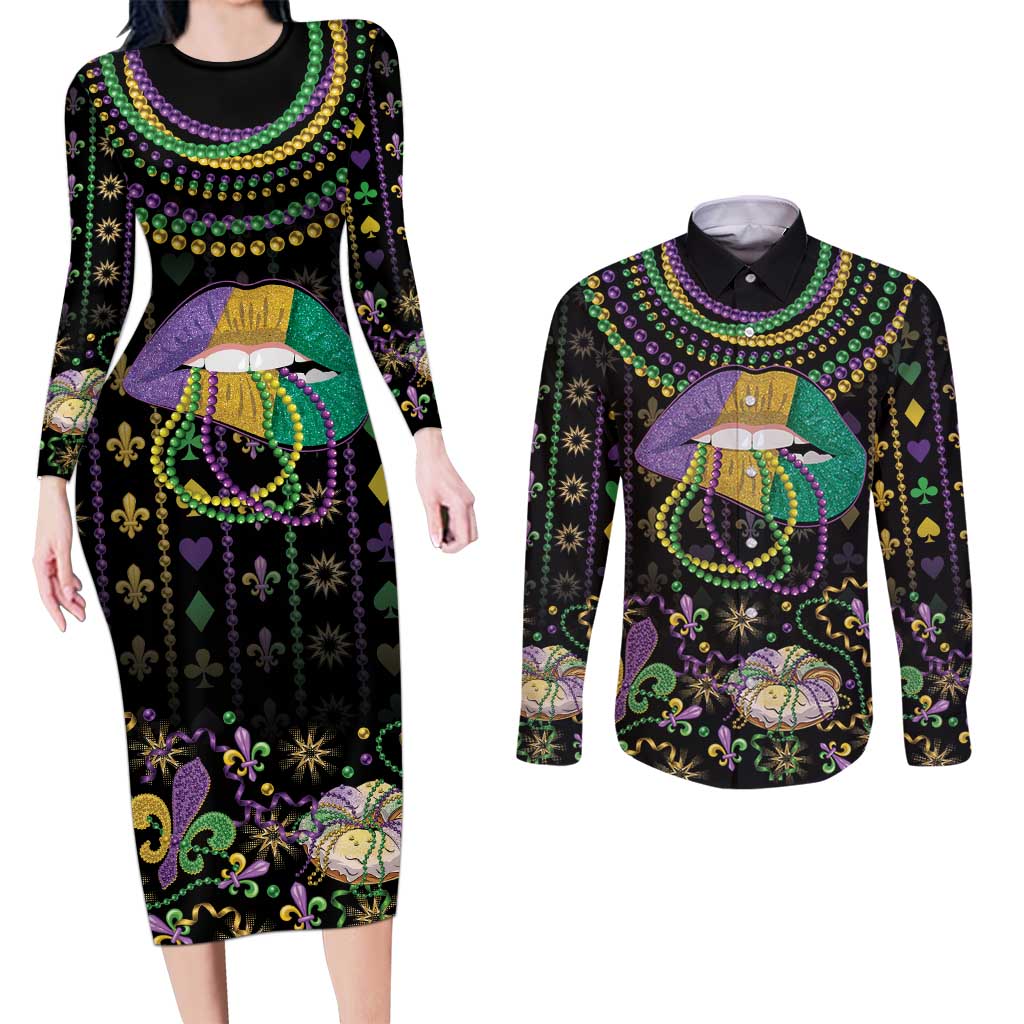 Mardi Gras Lips Queen Beads Couples Matching Long Sleeve Bodycon Dress and Long Sleeve Button Shirt