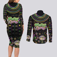 Mardi Gras Lips Queen Beads Couples Matching Long Sleeve Bodycon Dress and Long Sleeve Button Shirt
