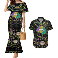 Mardi Gras Lips Queen Beads Couples Matching Mermaid Dress and Hawaiian Shirt