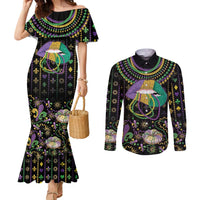 Mardi Gras Lips Queen Beads Couples Matching Mermaid Dress and Long Sleeve Button Shirt