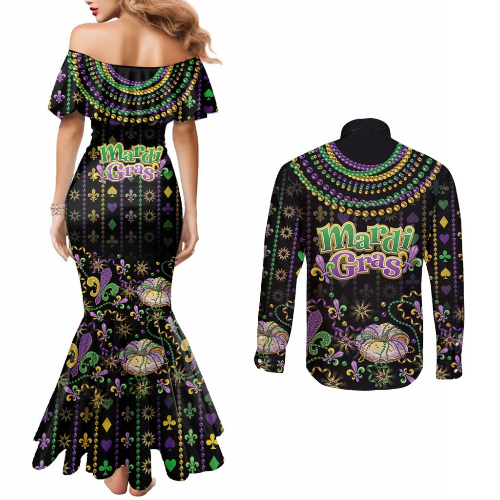 Mardi Gras Lips Queen Beads Couples Matching Mermaid Dress and Long Sleeve Button Shirt