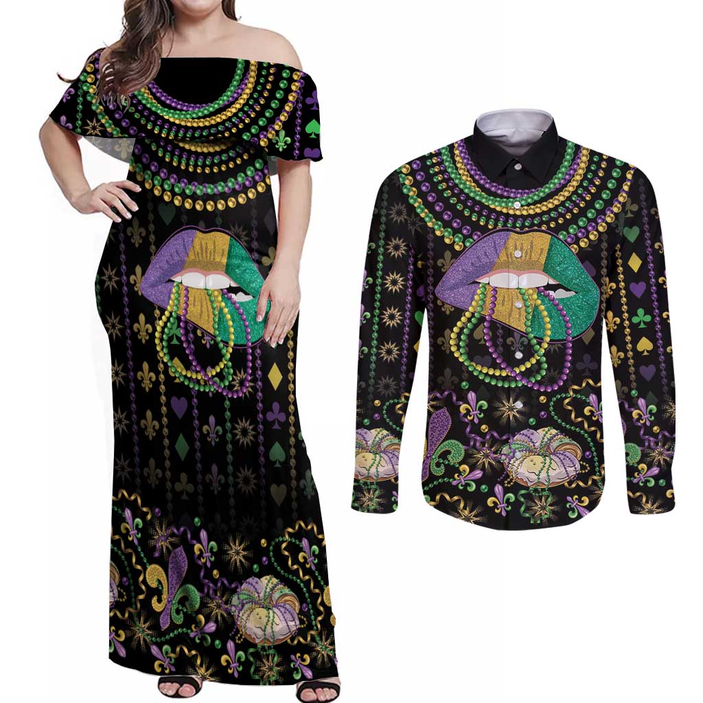 Mardi Gras Lips Queen Beads Couples Matching Off Shoulder Maxi Dress and Long Sleeve Button Shirt