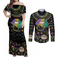 Mardi Gras Lips Queen Beads Couples Matching Off Shoulder Maxi Dress and Long Sleeve Button Shirt