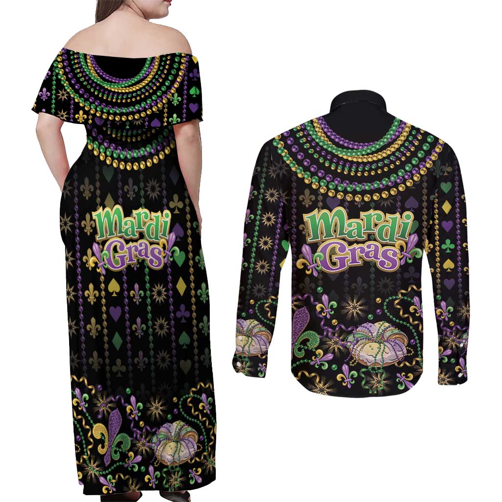 Mardi Gras Lips Queen Beads Couples Matching Off Shoulder Maxi Dress and Long Sleeve Button Shirt