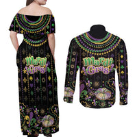 Mardi Gras Lips Queen Beads Couples Matching Off Shoulder Maxi Dress and Long Sleeve Button Shirt